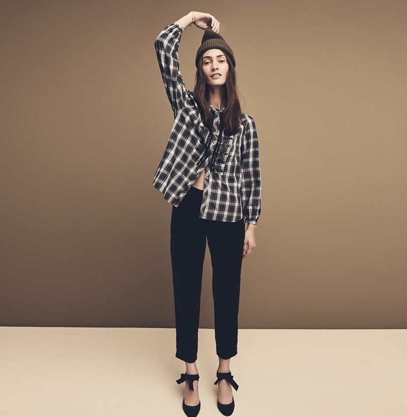 J. Crew Ribbed Beanie, Embellished Button-Up Shirt in Forest Tartan, Easy Pant in Velvet and Black Watch Pumps with Glitter Heel