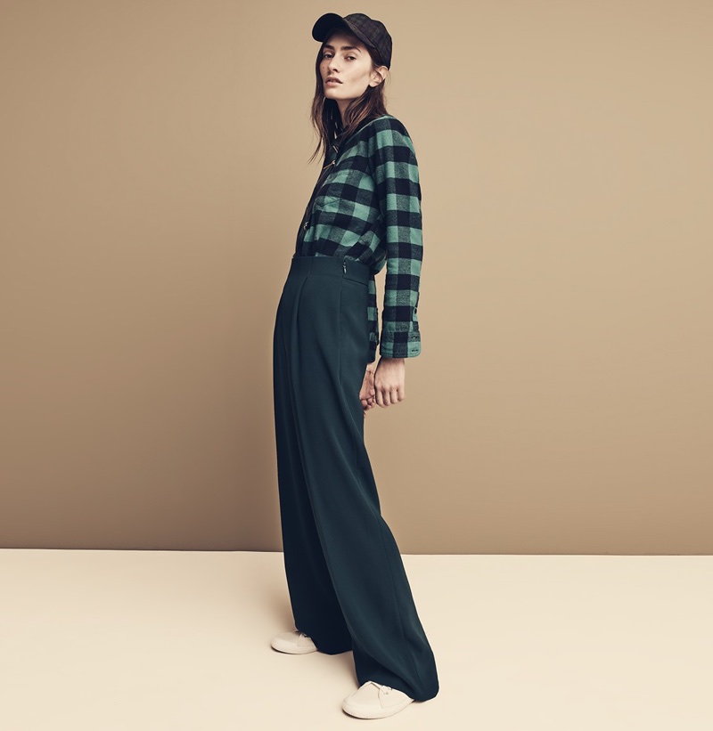 J. Crew Boy Shirt in Cozy Wool-Cotton Buffalo Check, Wool Tie in Green Tartan, Wide Leg Pleated Pant in Matte Crepe and Tretorn Canvas T56 Sneakers