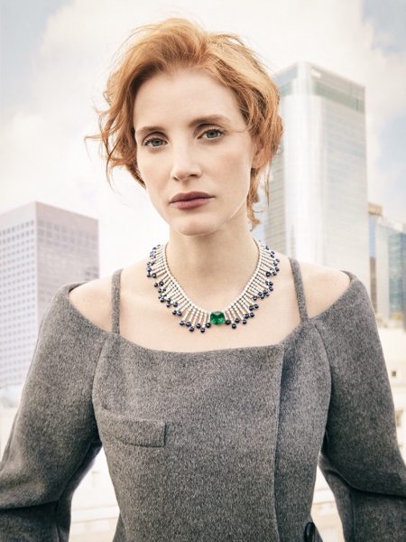 Jessica Chastain Embraces Ladylike Styles for Citizen K Actress Jessica Chastain poses in Prada coat with Piaget jewelry