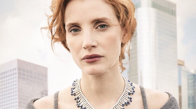 Actress Jessica Chastain poses in Prada coat with Piaget jewelry