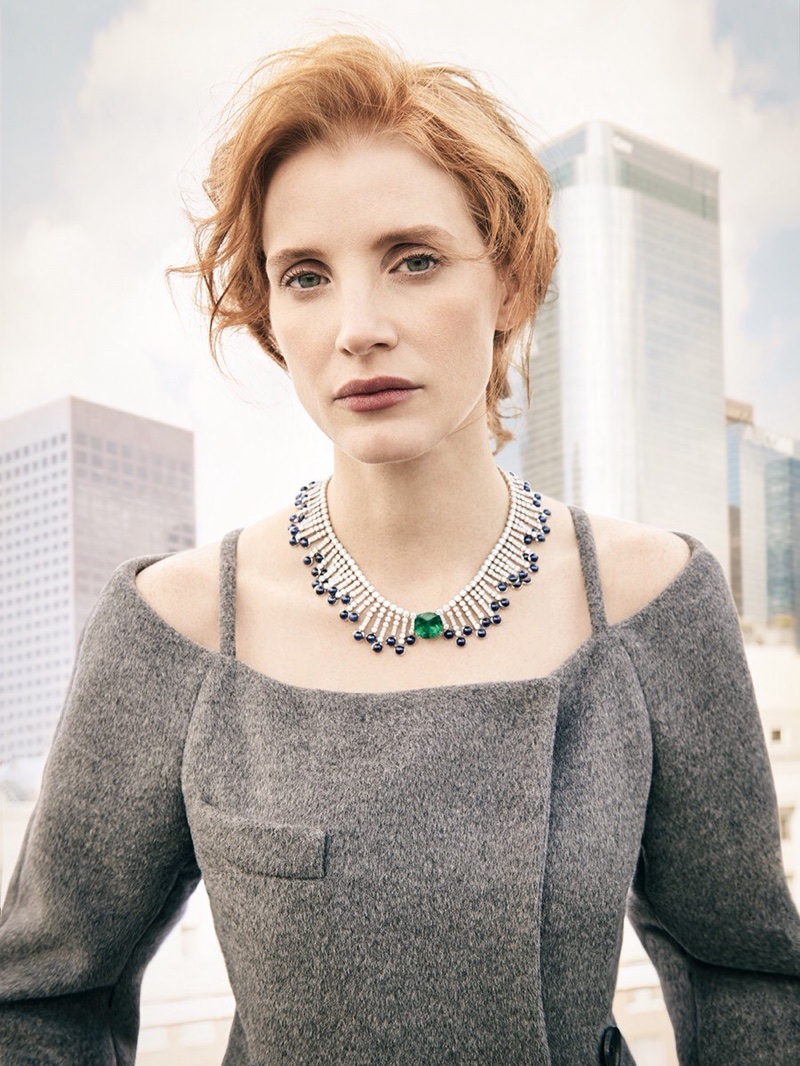 Actress Jessica Chastain poses in Prada coat with Piaget jewelry