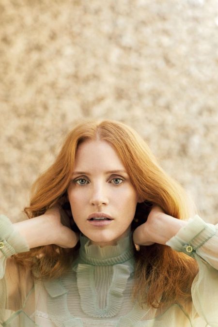 Jessica Chastain Poses in Retro Styles for ES Magazine Jessica Chastain poses in high-neck Prada top