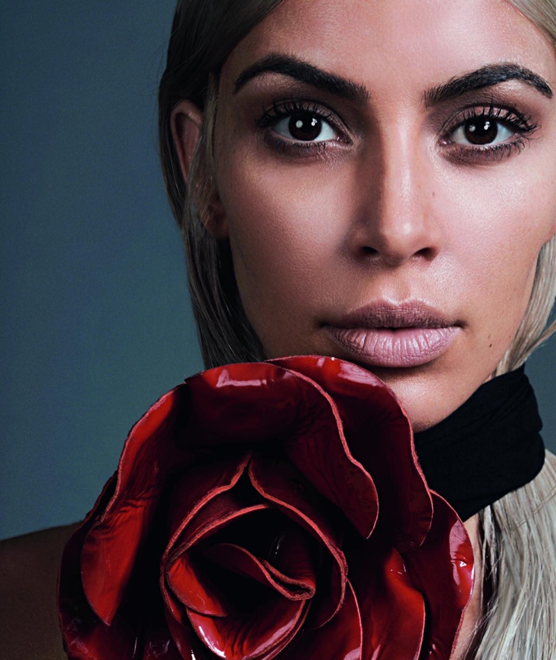Ready for her closeup, Kim Kardashian poses in Saint Laurent floral embellished necklace