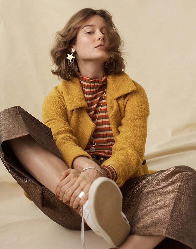 Madewell Bouclé Double-Breasted Coat, Ribbed Turtleneck Top in Stripe, Langford Wide-Leg Crop Pants in Metallic, Madewell x Veja Esplar Low Sneakers in Embroidered Stars and Star Statement Earrings