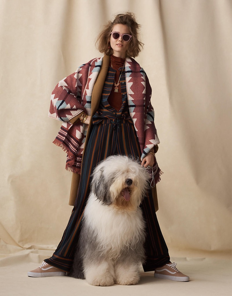 Madewell Atlas Cocoon Coat, Night Sparkle Turtleneck, Silk Clermont Stripe Shirt, Pajama Trousers in Clermont Stripe, Textured Carpet Scarf, Halliday Sunglasses and Vans Old Skool Lace-Up Sneakers in Pink Leather