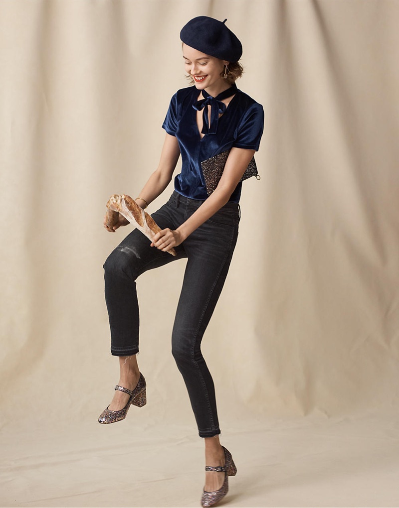 Madewell Velvet Tie-Neck Top, Slim Straight Jeans: Drop-Hem Edition, Brixton Audrey Beret, The Leather Pouch Wallet: Glitter Edition, The Zelda Mary Jane in Glitter and Bar-and-Chain Stud Earrings