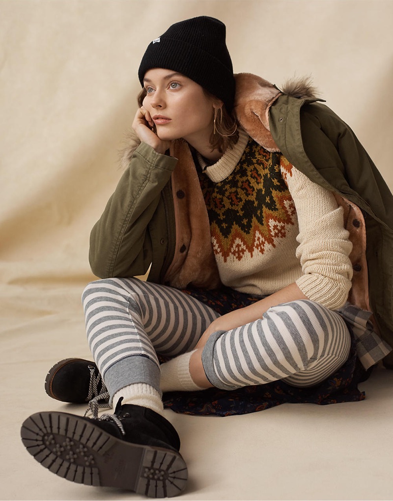 Madewell Bedford Convertible Parka, Fair Isle Pullover Sweater, Faux-Wrap Midi Skirt in Climbing Vine, Striped Pajama Leggings and Cuffed Cozy-Knit Beanie