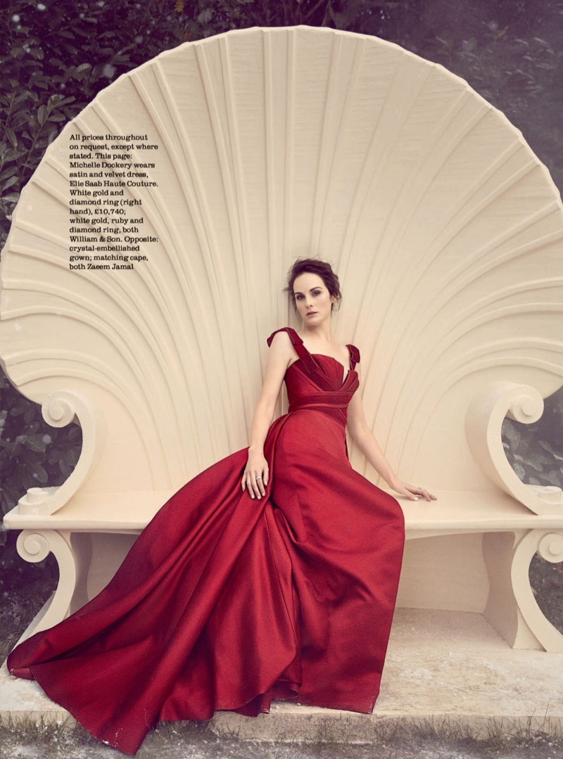 Dressed in red, Michelle Dockery wears Elie Saab Haute Couture satin and velvet dress