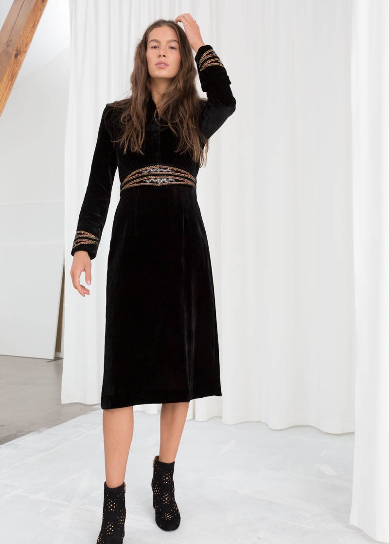 & Other Stories Velvet Embroidered Midi Dress $77 (previously $129)