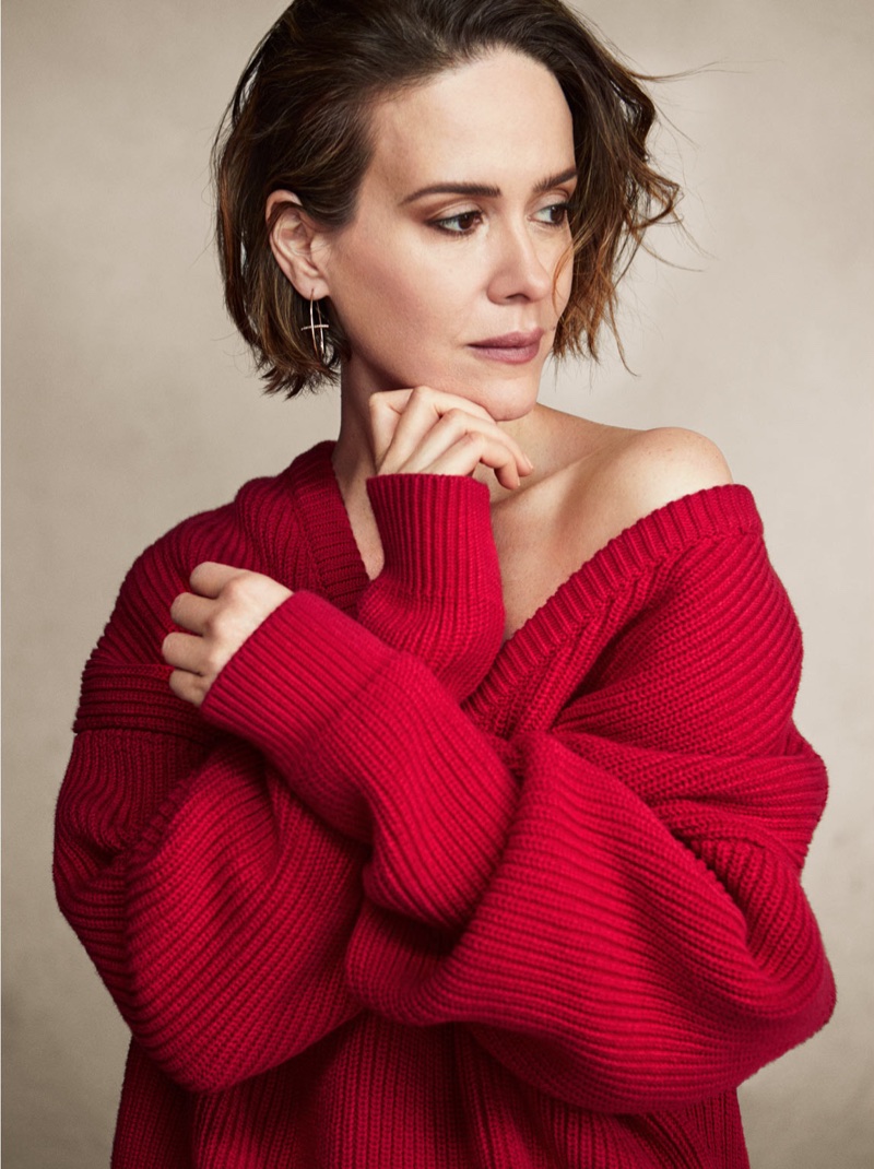 Actress Sarah Paulson wears Balenciaga sweater and Hirotaka earring