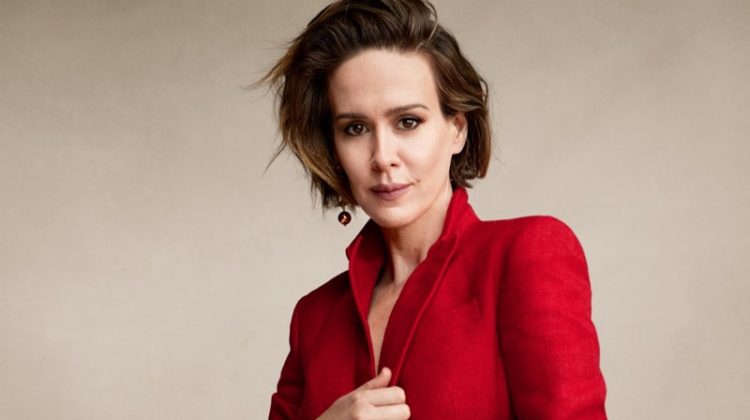 Suiting up, Sarah Paulson wears Hillier Bartley blazer and Stella McCartney pants with Sophie Buhal earring