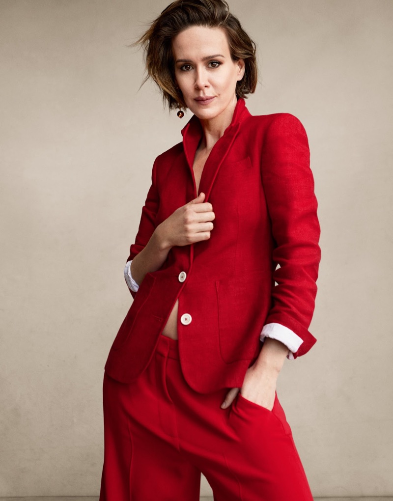 Suiting up, Sarah Paulson wears Hillier Bartley blazer and Stella McCartney pants with Sophie Buhal earring