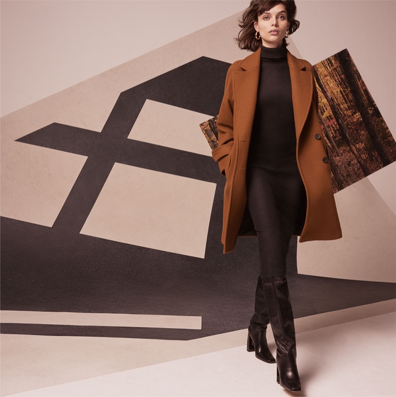 Charlee Fraser models Zara long crossover coat and over-the-knee leather boots