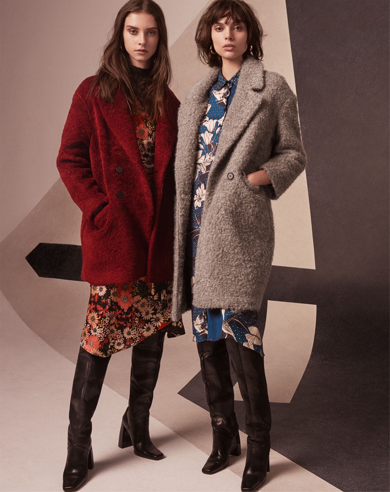 (Left) Zara textured coat with lapels, crossed midi dress and over-the-knee boots (Right) Zara double breasted coat, printed dress and over-the-knee boots