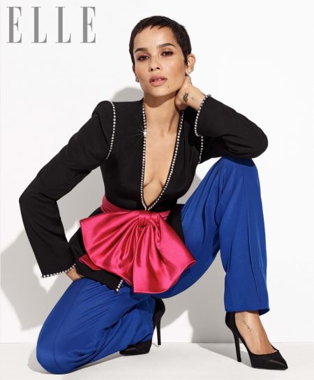 Zoe Kravitz Stars in ELLE, Talks 'Big Little Lies' Co-Stars Actress Zoe Kravitz wears Gucci jacket and pants with Stella Luna pumps