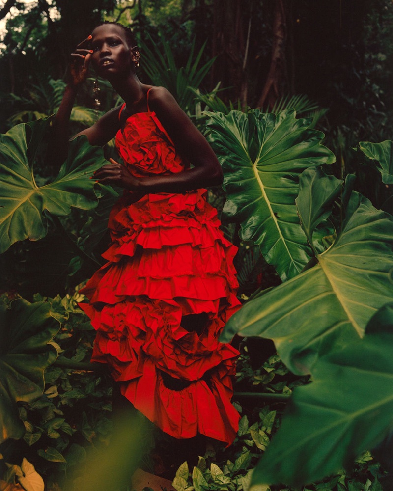 Model Shanelle Nyasiase wears red gown for Alexander McQueen’s spring-summer 2018 campaign