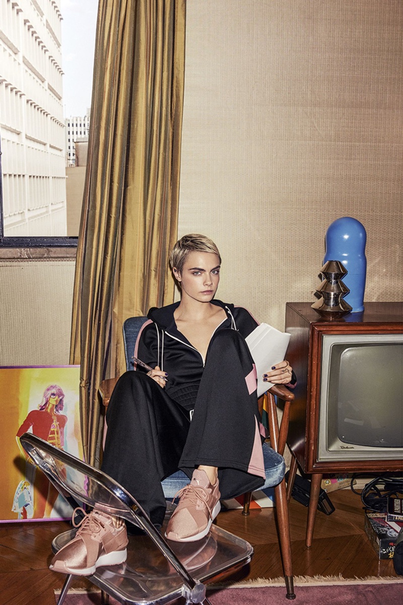 Model Cara Delevingne poses in PUMA's Muse En Pointe sneaker campaign