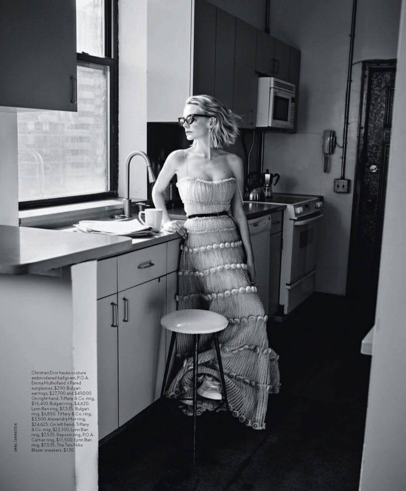 Posing in a kitchen, Carey Mulligan wears Dior haute couture gown and Emma Mulholland x Pared sunglasses