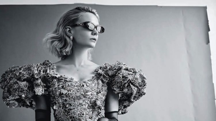 Photographed in black and white, Carey Mulligan wears Ronald van der Kemp couture dress with Le Specs Luxe by Jordan Askill sunglasses