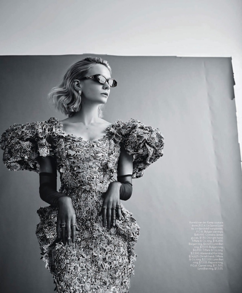 Photographed in black and white, Carey Mulligan wears Ronald van der Kemp couture dress with Le Specs Luxe by Jordan Askill sunglasses