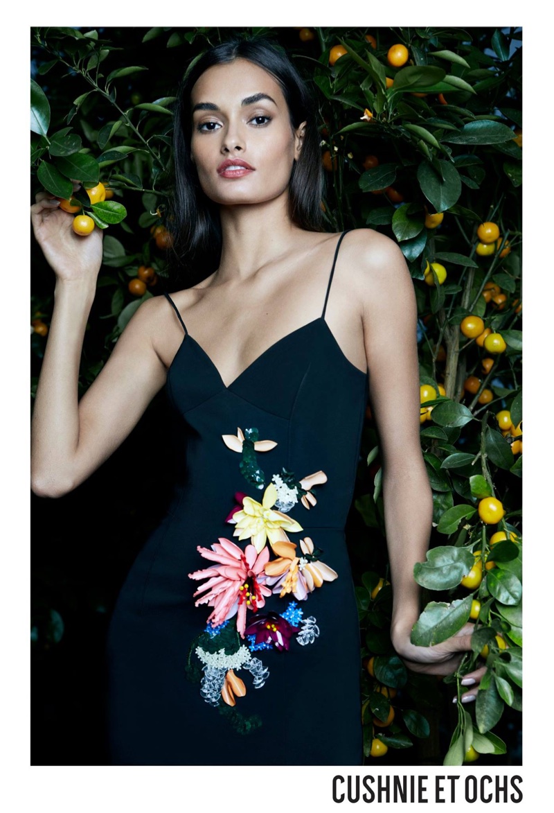Model Gizele Oliveira wears floral embroidered dress in Cushnie et Ochs’ spring-summer 2018 campaign