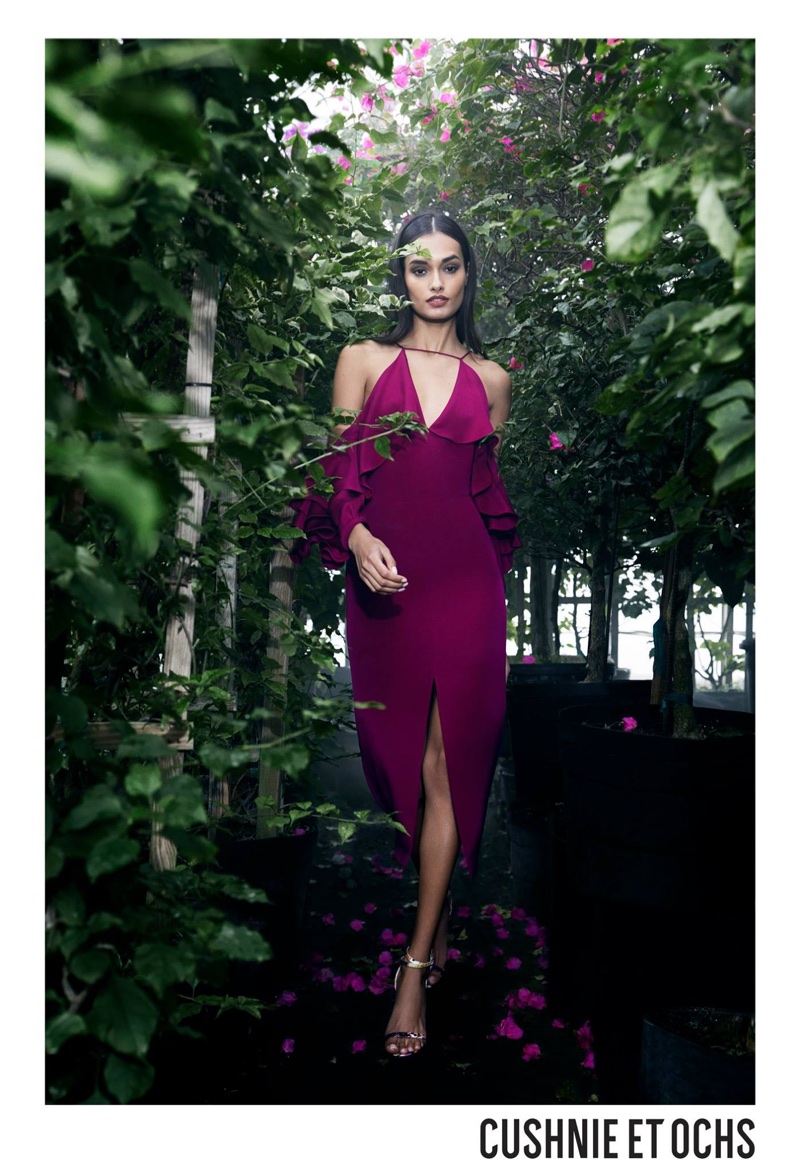Model Gizele Oliveira poses in open-shoulder dress for Cushnie et Ochs' spring-summer 2018 campaign