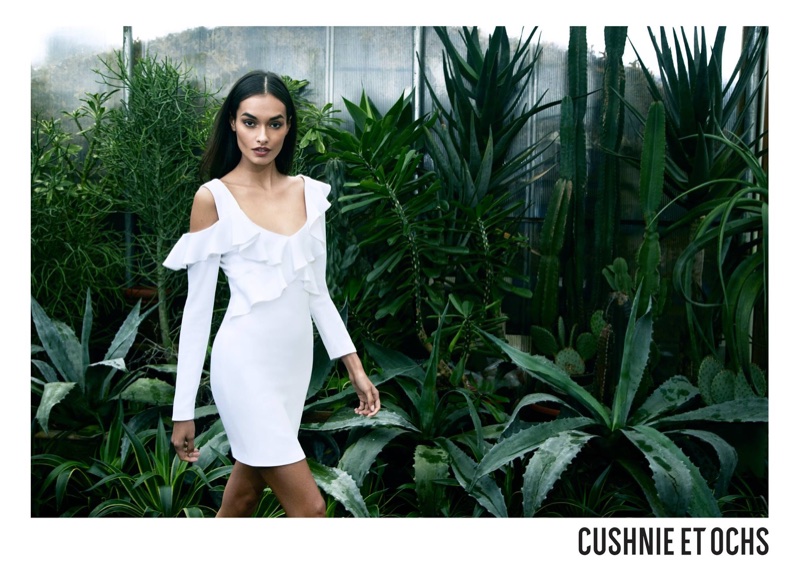 Gizele Oliveira poses in white dress for Cushnie et Ochs' spring-summer 2018 campaign