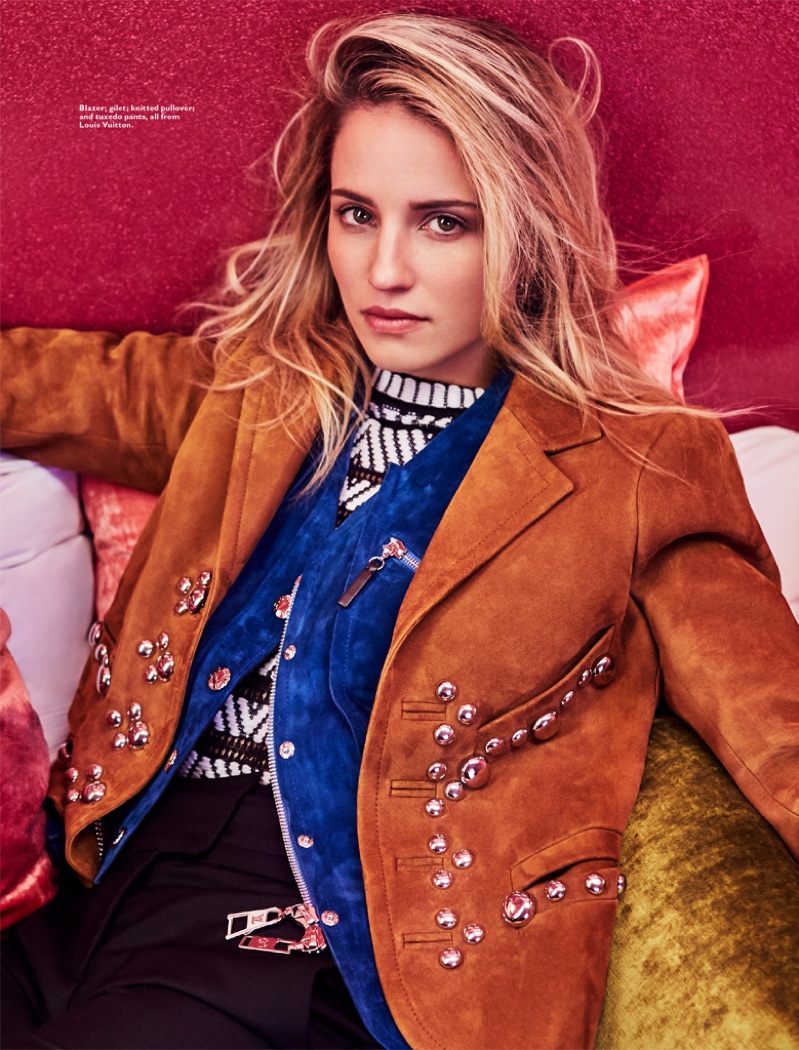 Dianna Agron wears Louis Vuitton blazer, vest, sweater and pants