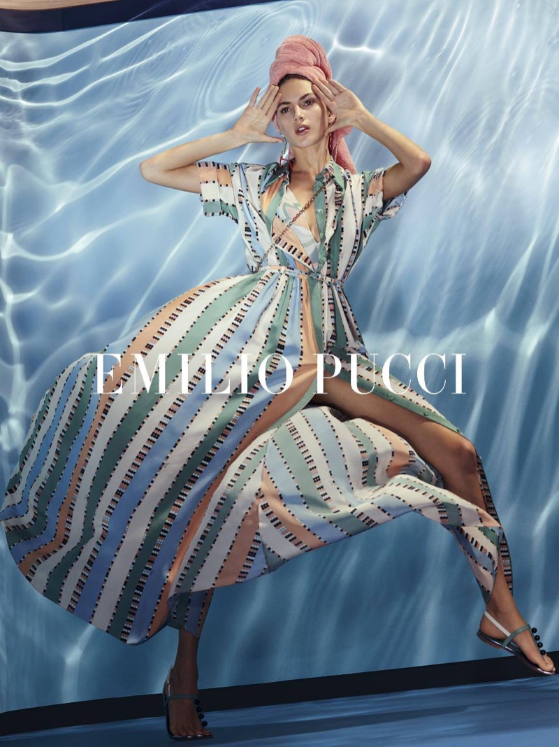 Valery Kaufman poses in striped dress for Emilio Pucci's spring-summer 2018 campaign