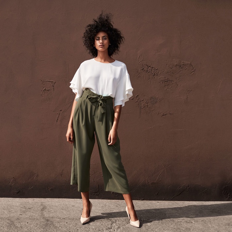 H&M Flounce-Sleeved Top, Wide-Cut Pants and Pumps