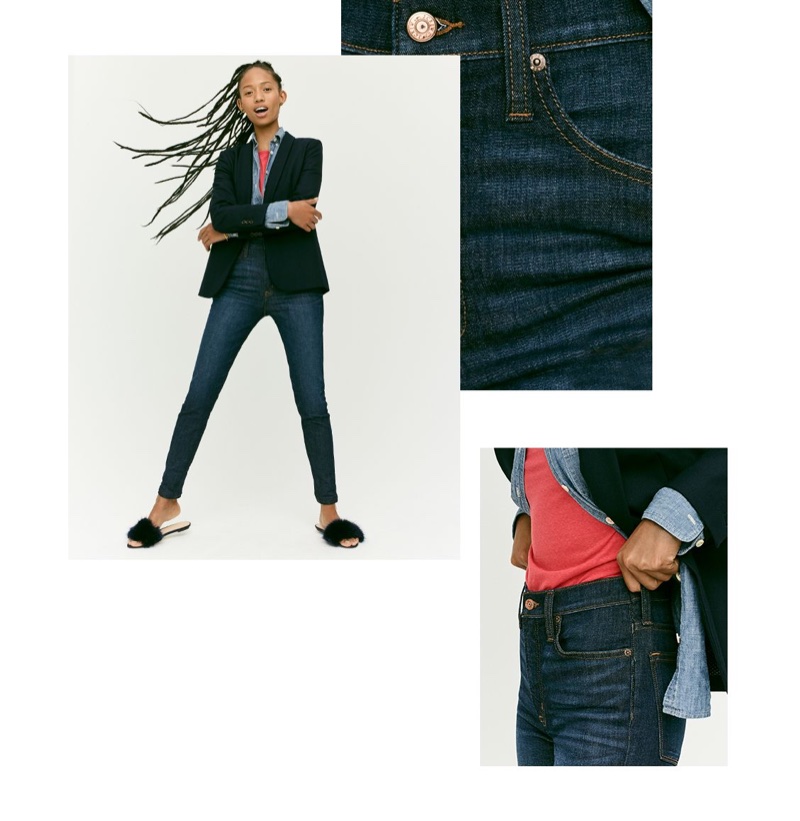 J. Crew Parke Blazer, 9" High-Rise Toothpick Jean in Solano Wash and Faux-Fur Slide Sandals