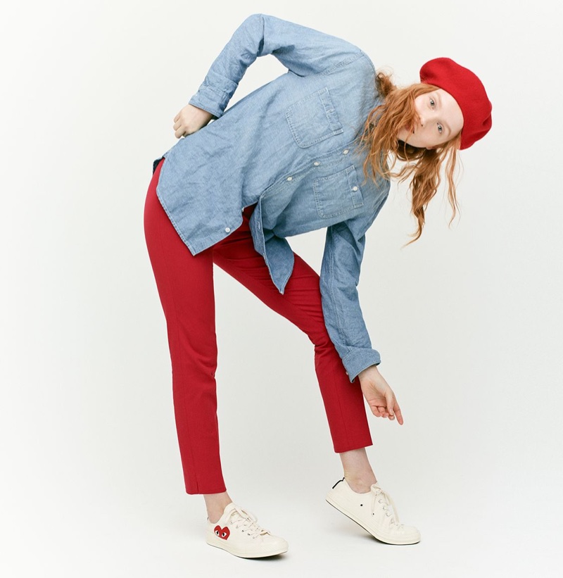 J. Crew Chambray Tunic, Martie Slim Crop Pant Two-Way Stretch Cotton, Italian Wool Beret and Comme des Garçons for Converse Low-Top Sneakers