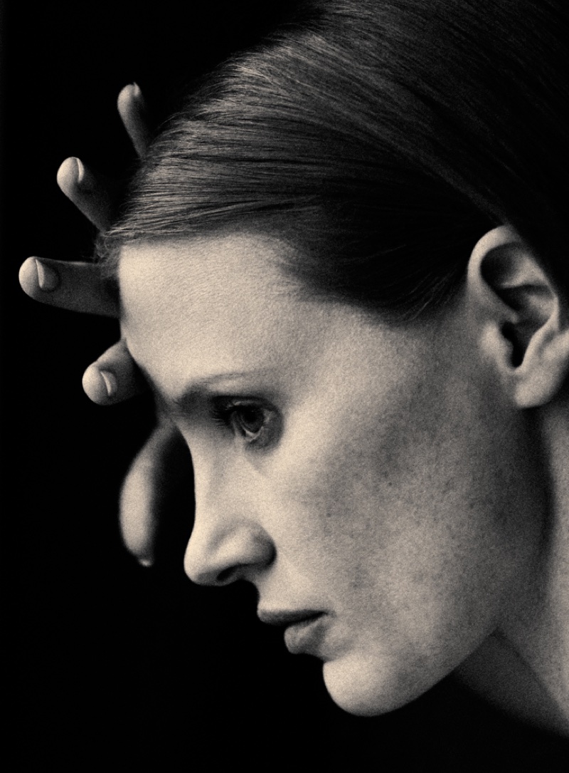 Ready for her closeup, Jessica Chastain poses in this black and white shot