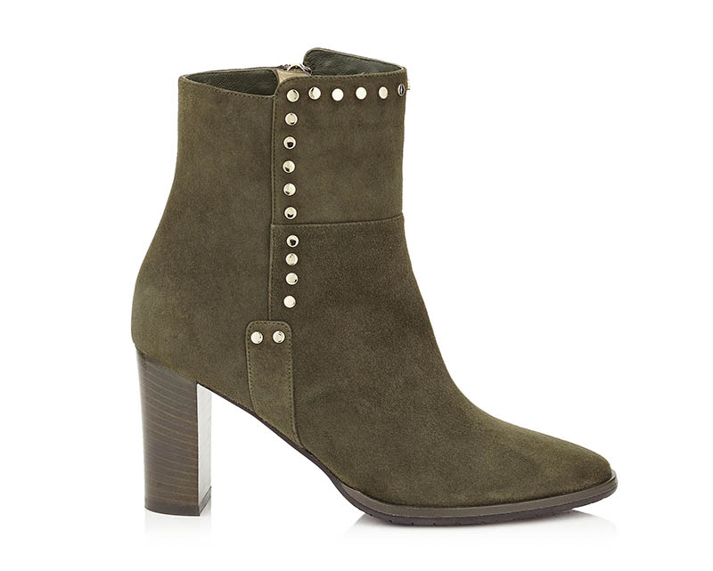 Jimmy Choo Harlow 80 Army Green Suede Boots with Stud Trim $598 (previously $1,195)