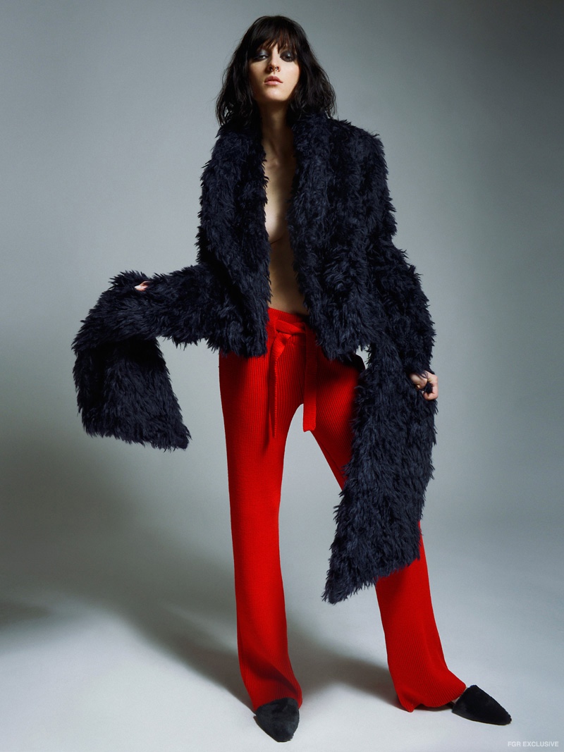 Cliche Navy Fur Coat and  Korsun Red Knit Pants 