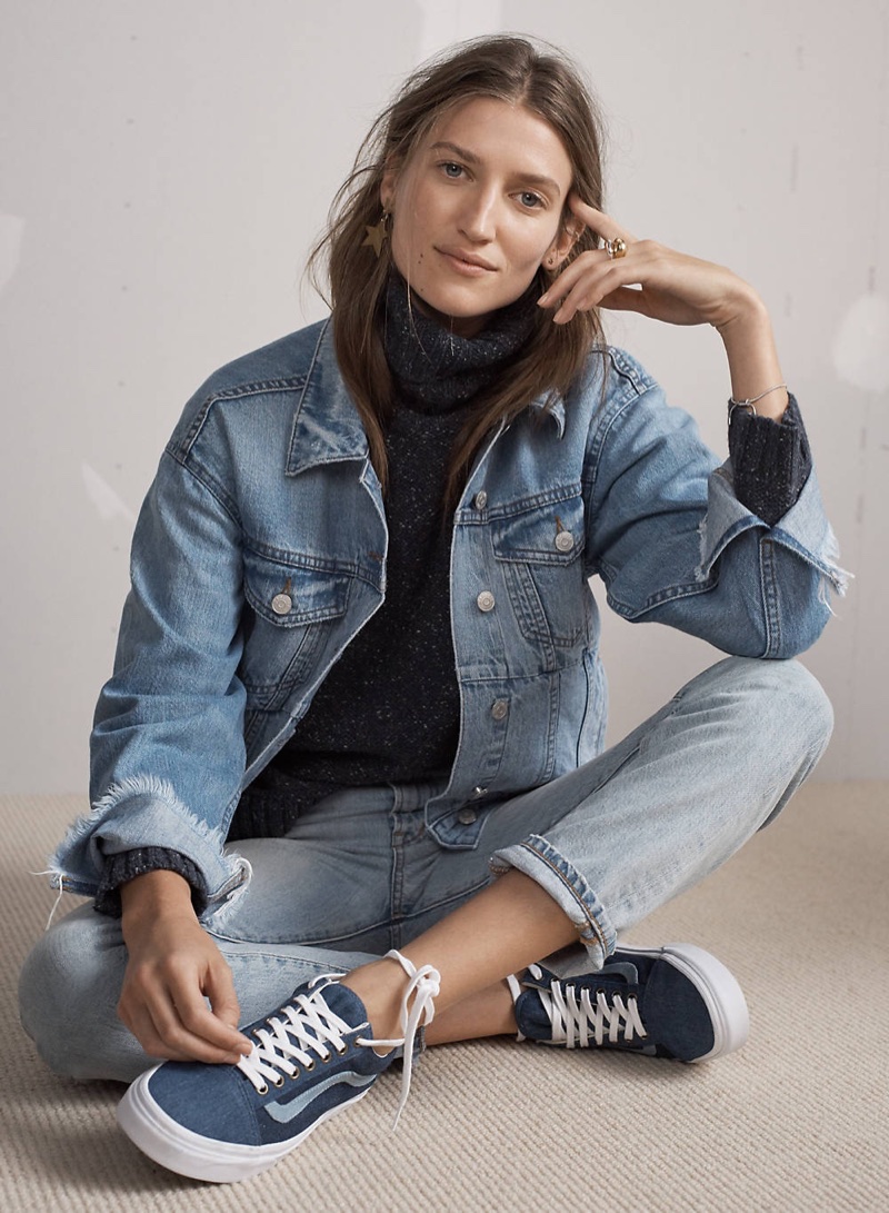 Madewell Reconstructed Jean Jacket, Flecked Turtleneck Sweater, The Perfect Summer Jean in Fitzgerald Wash and Madewell x Vans Unisex Old Skool Sneakers in Denim