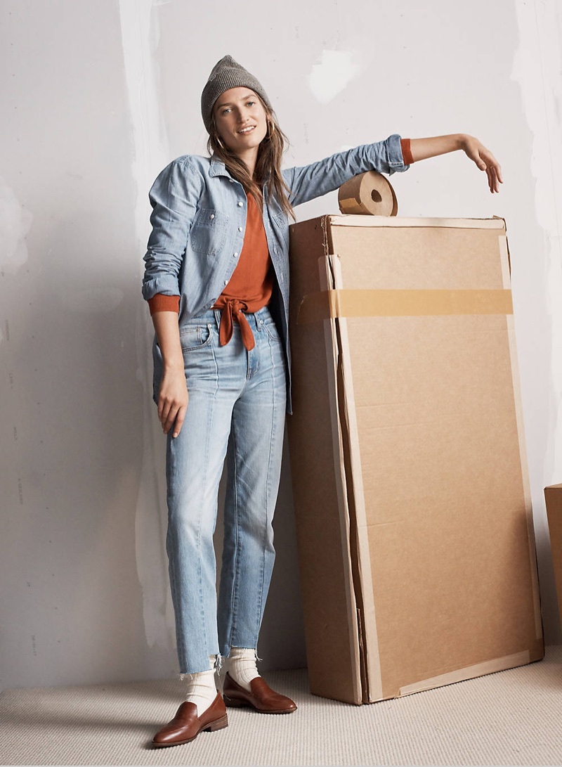 Madewell Chambray Classic Ex-Boyfriend Shirt, Modern Tie-Front Sweater, Cruiser Straight Jeans: Reconstructed Edition, Slouch Beanie and The Frances Loafer