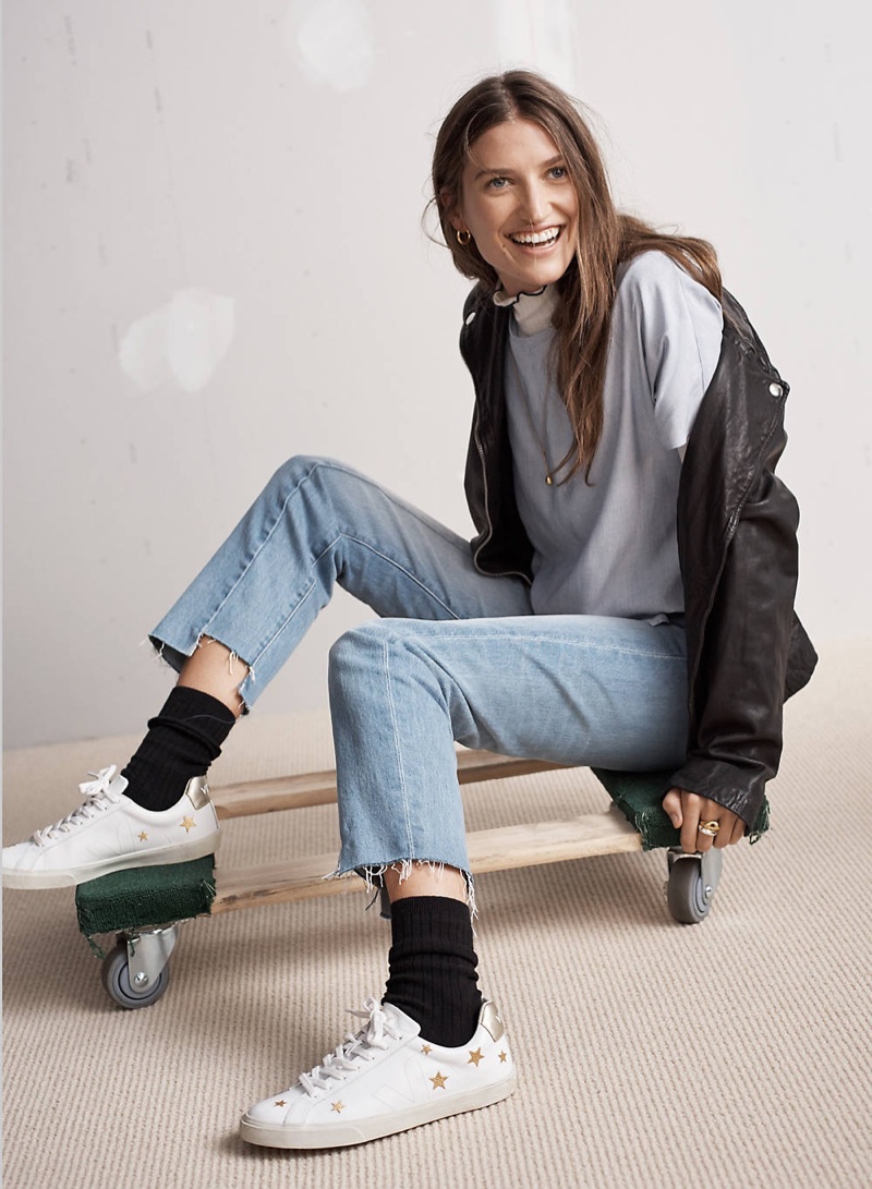 Madewell Washed Leather Motorcycle Jacket, Ribbed Turtleneck Top, Button-Back Tie Tee in Stripe, Cruiser Straight Jeans: Reconstructed Edition and Madewell x Veja Esplar Low Sneakers