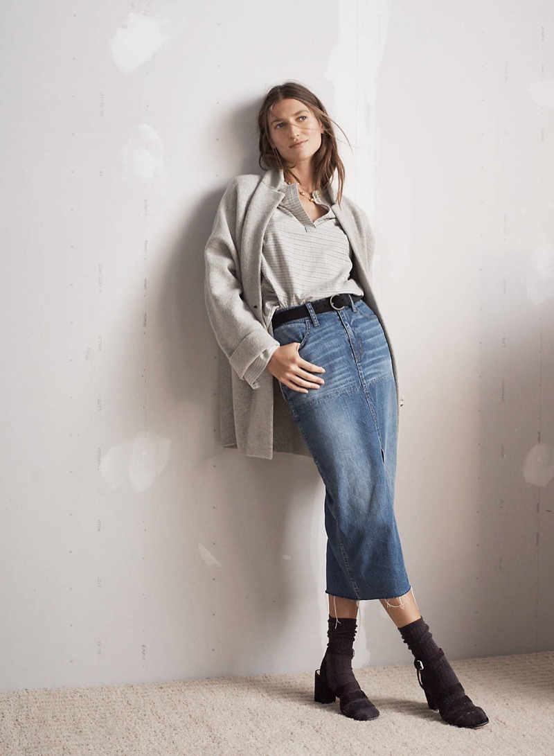 Madewell Blazer Sweater Jacket, Split-Cuff Tunic Shirt, Reconstructed Midi Jean Skirt and The Maria Sandal in Suede