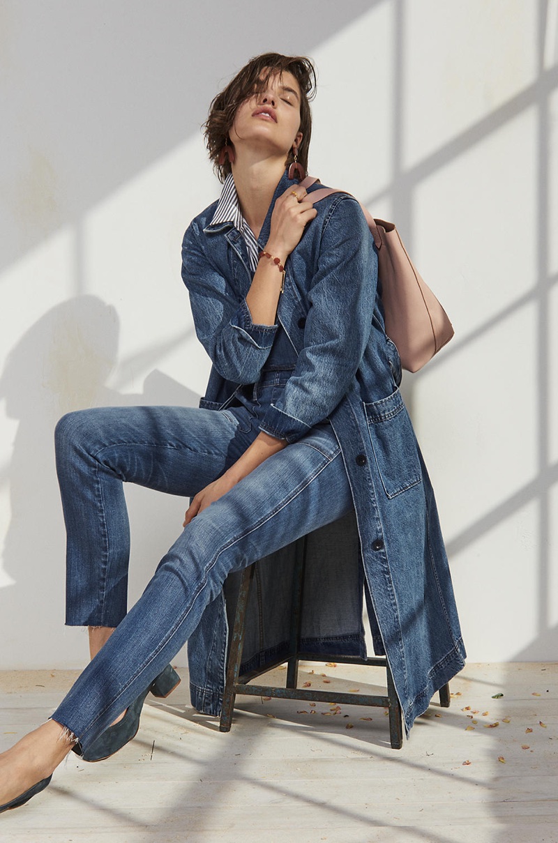 Madewell Denim Duster Coat, Central Shirt in Gabriel Stripe, Skinny Overalls in Kemp Wash, Shapes Statement Earrings, The Medium Transport Tote and The Raquel Pump in Suede