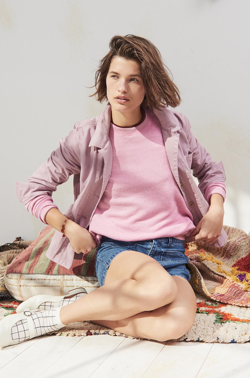 Madewell Warren Jacket, Mainstay Sweatshirt, Velour Crewneck Tee in Izzy Stripe, High-Rise Denim Shorts: Peach Pocket Edition and The Kinley Mary Jane Mule
