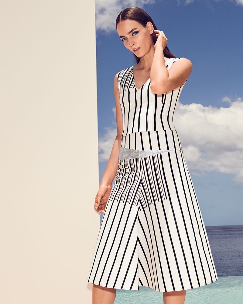 Akris V-Neck Sleeveless Irregular-Stripe Cotton Canvas Top and Structured A-Line Striped Cotton Canvas Midi Skirt