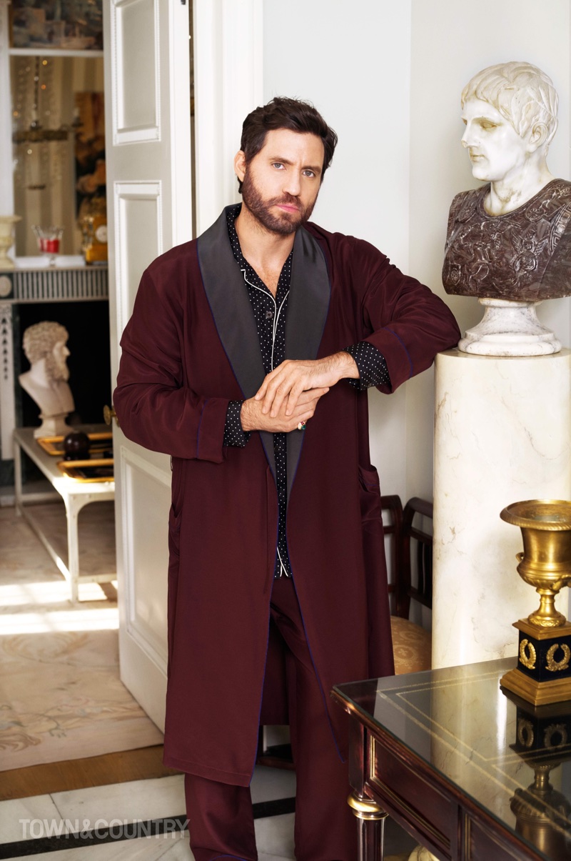 Edgar Ramirez wears Prada robe and pants with Dolce & Gabbana shirt