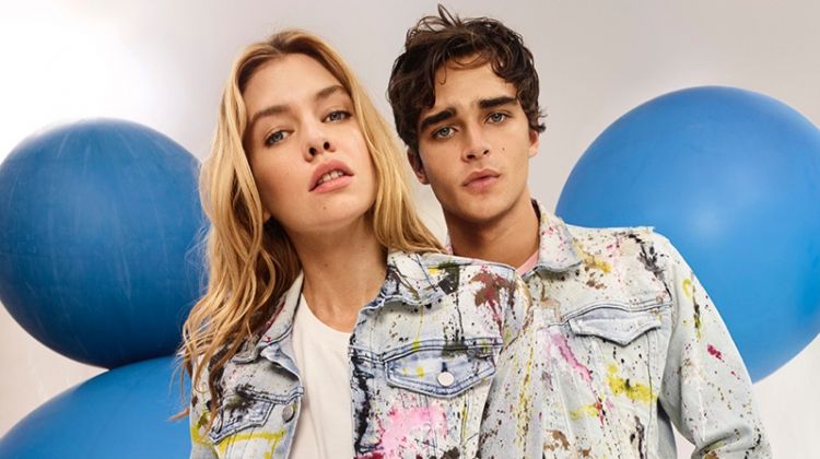 Models Stella Maxwell and Pepe Barroso wear painted denim in Pepe Jeans' spring-summer 2018 campaign