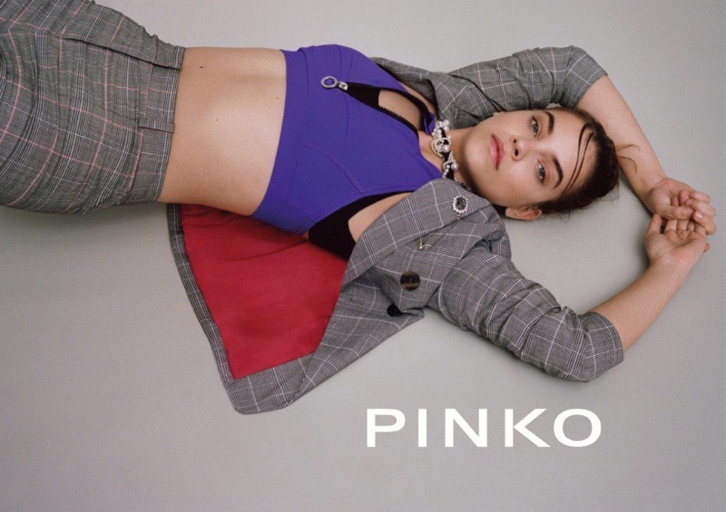 An image from Pinko's spring 2018 advertising campaign starring Barbara Palvin