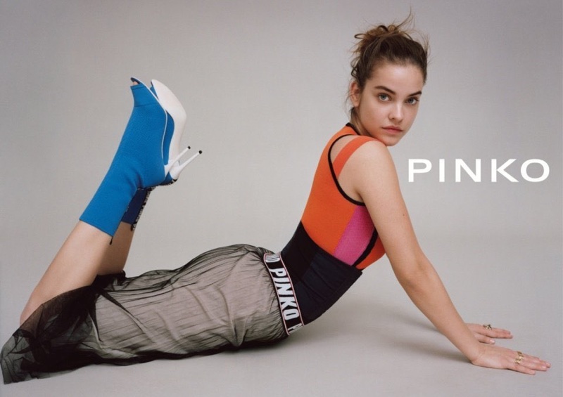 Model Barbara Palvin wears branded styles in Pinko’s spring-summer 2018 campaign