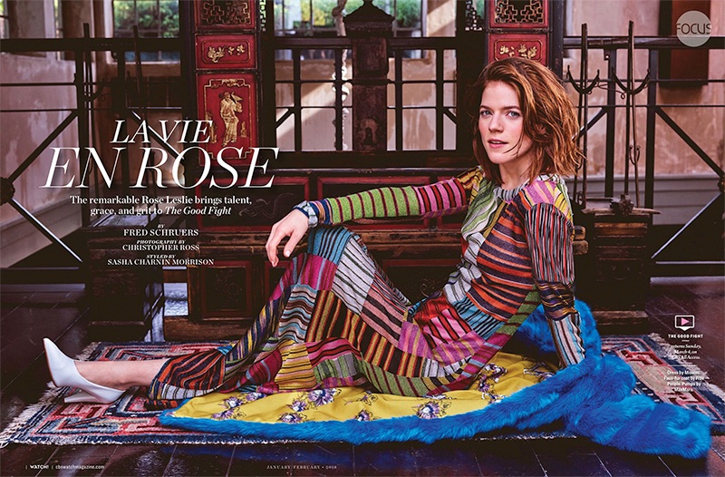 Rose Leslie poses in printed Missoni dress with Free People faux fur coat