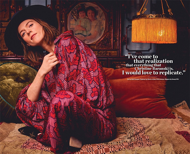 Posing in bed, Rose Leslie wears Nick Fouquet hat, Alexis pajamas and Sanayi 313 slippers