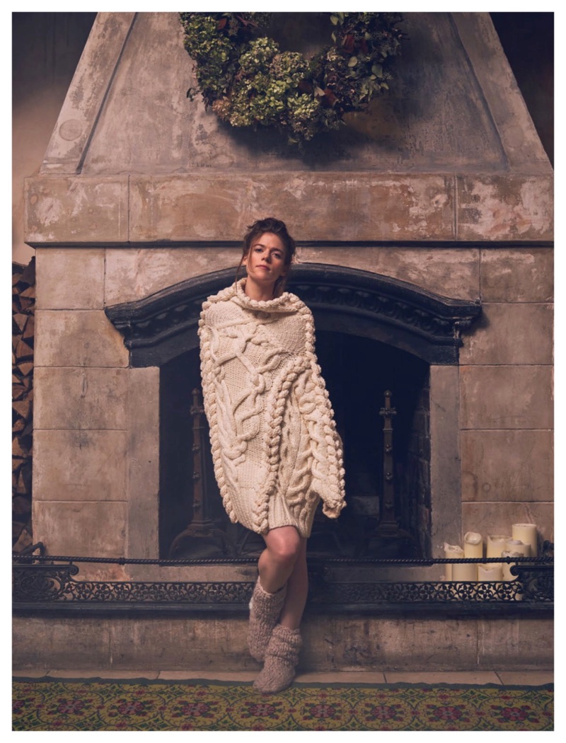 Looking cozy, Rose Leslie wears Spencer Vladimir cable knit sweater