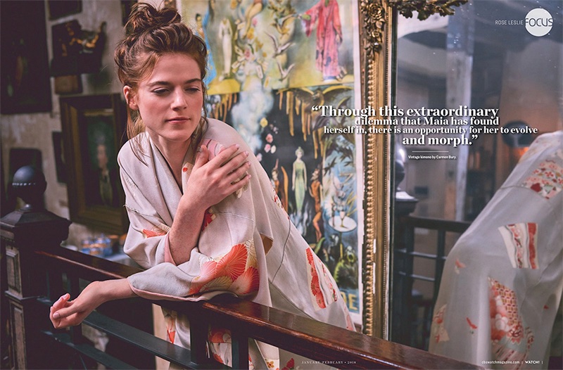 Actress Rose Leslie poses in Carmen Bury vintage kimono